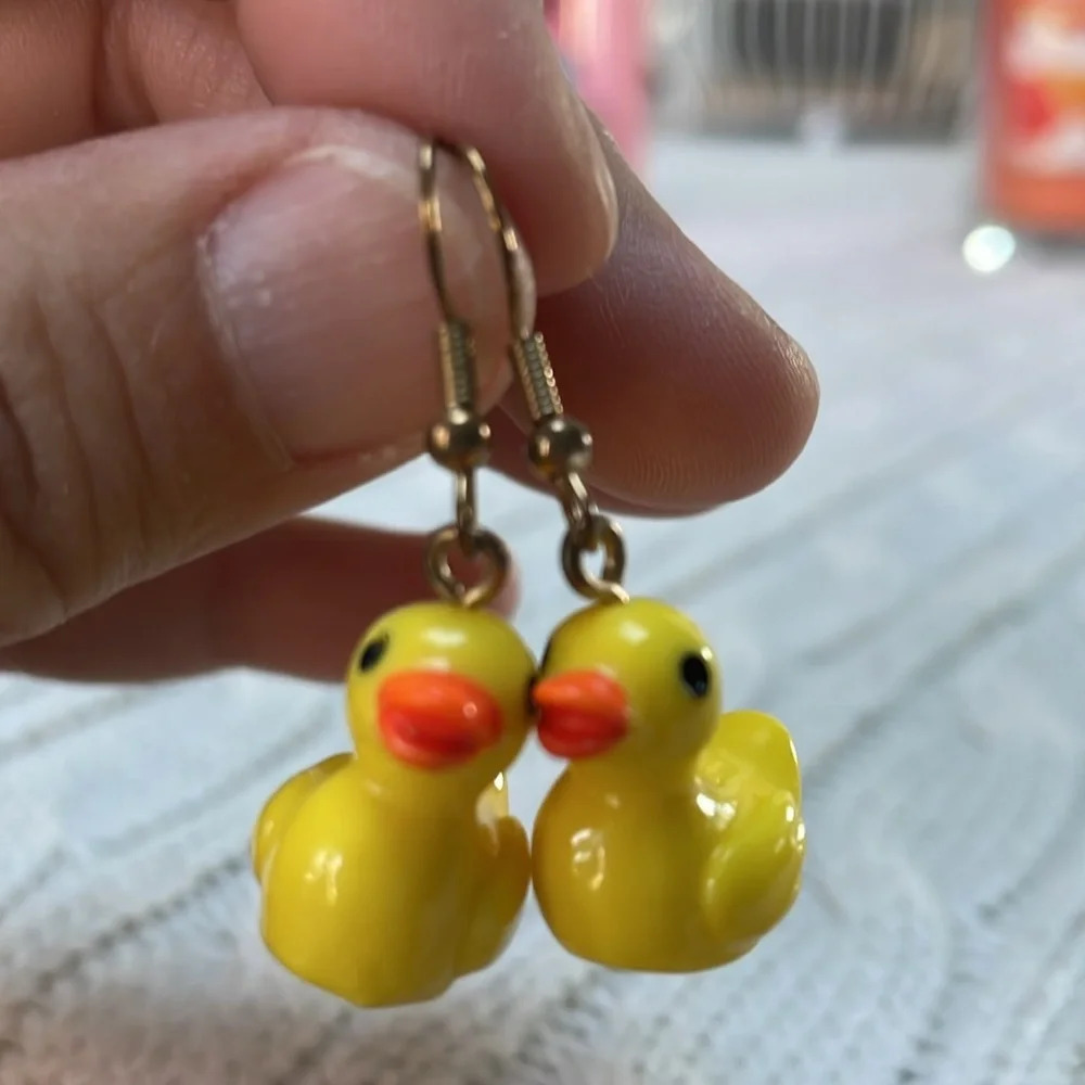 WHIMSICAL “rubber duckie” dangle fishhook earrings. Hang 1.5”- plastic .5” wide
